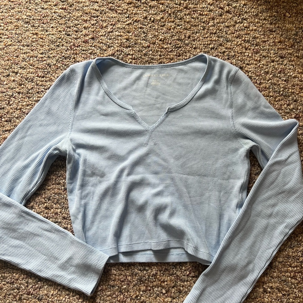 American Eagle Outfitters Blue Gray Fitted Crop Blouse